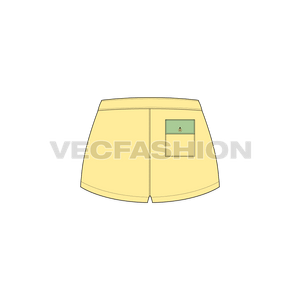 A detailed vector fashion flat for Women's Short Body Beach Shorts. It is rendered in pale yellow color with contrast colored trims.
