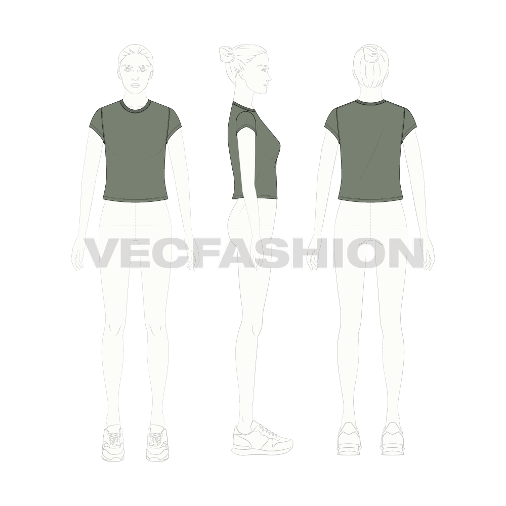 Womens short body cap sleeve t-shirt flat sketch, croqui sketch