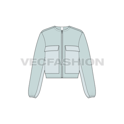 A vector illustrator template for Women's Short Body Jacket. It is in a light blue vintage color with big pockets on chest and a simple collar neck.  