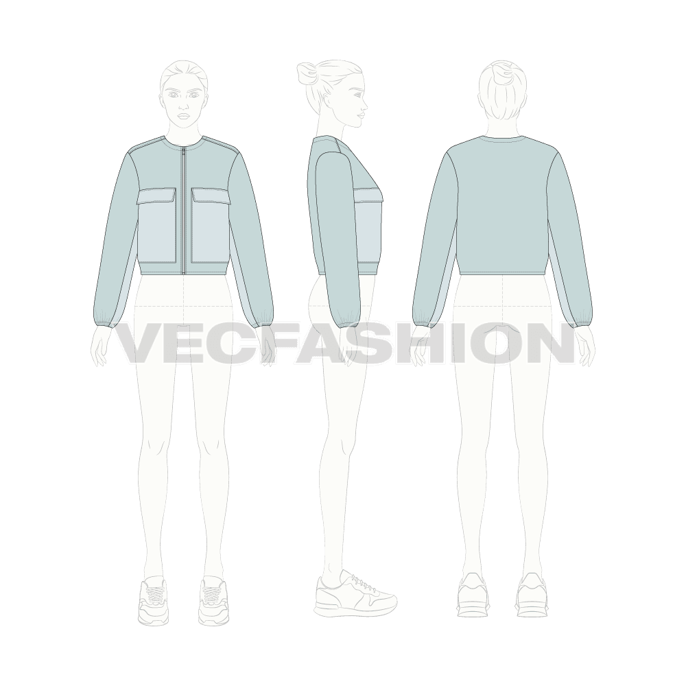 Women's Short Body Jacket flat sketch, croqui sketch