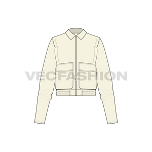 A vector illustrator template for Women's Short Body Jacket. It is a dropped shoulder streetwear style jacket with details like elasticated bottom hem, big pockets, zippers etc.