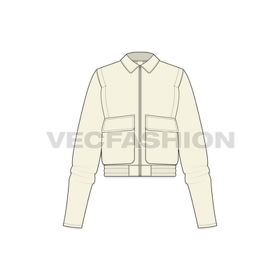 A vector illustrator template for Women's Short Body Jacket. It is a dropped shoulder streetwear style jacket with details like elasticated bottom hem, big pockets, zippers etc.