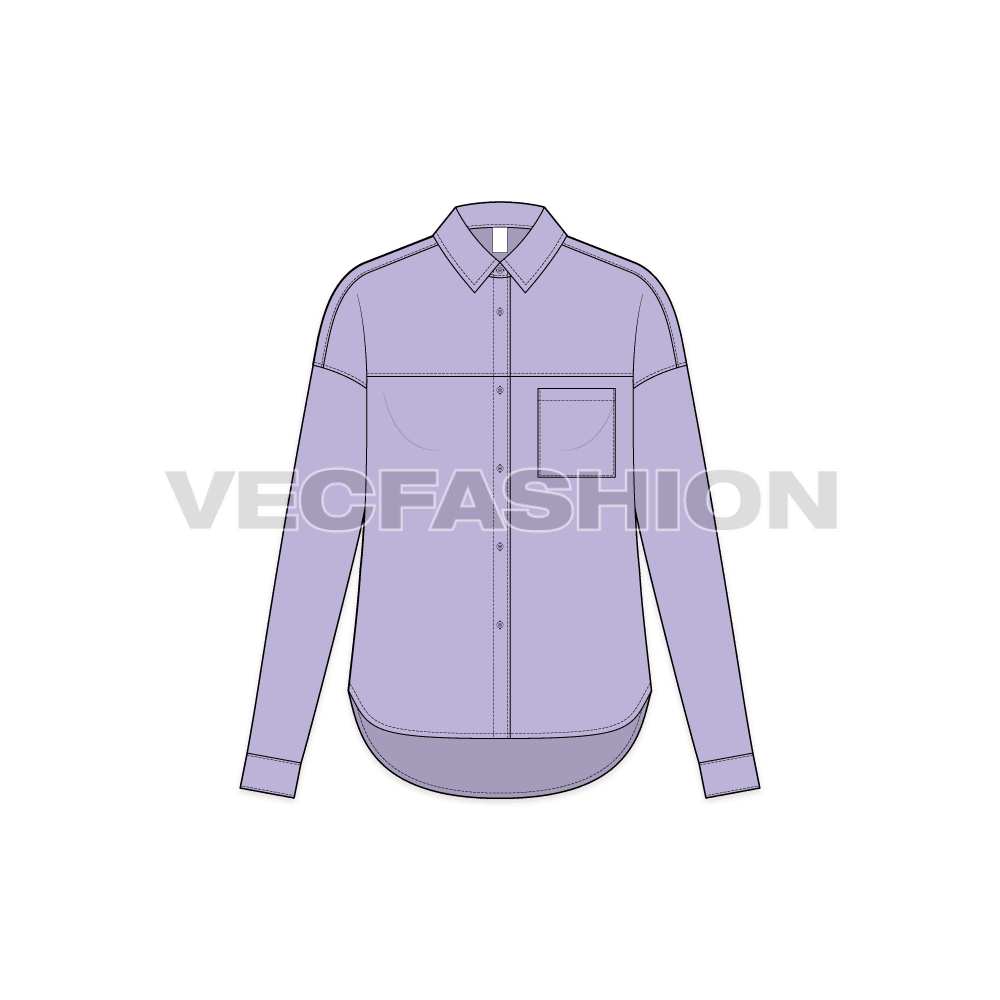 Womens short body shirt with yoke flat sketch, front view