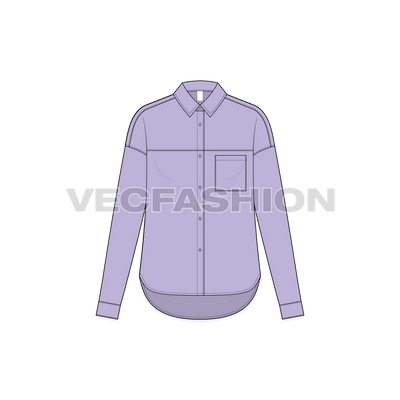 A vector illustrator template for Women's Short Body Shirt with Yoke. It has a forward shoulder from back and dropped shoulder sleeves. There is yoke on front with a pocket on left chest.