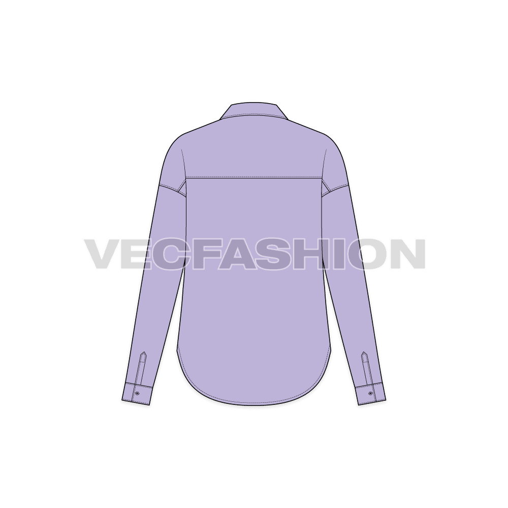A vector illustrator template for Women's Short Body Shirt with Yoke. It has a forward shoulder from back and dropped shoulder sleeves. There is yoke on front with a pocket on left chest.