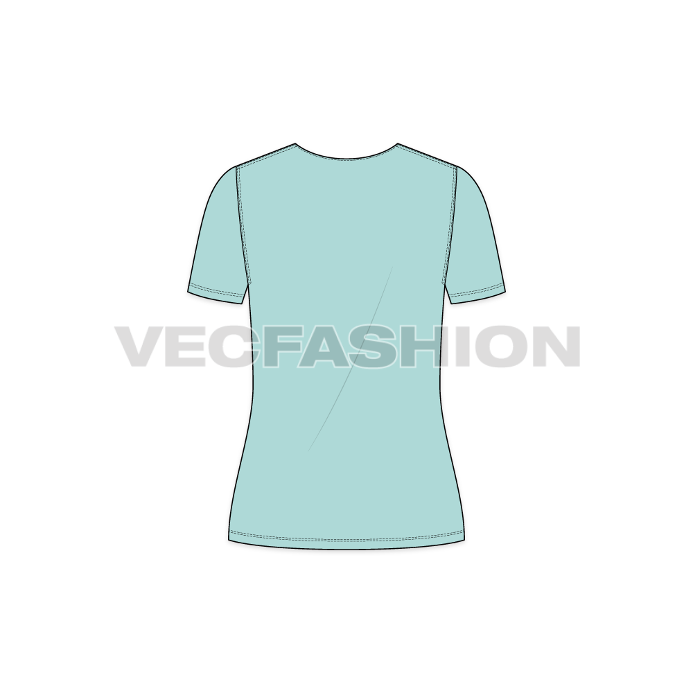 Womens short sleeved open neck tee flat sketch, back view