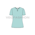 Womens short sleeved open neck tee flat sketch, front view
