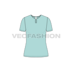 Womens short sleeved open neck tee flat sketch, front view