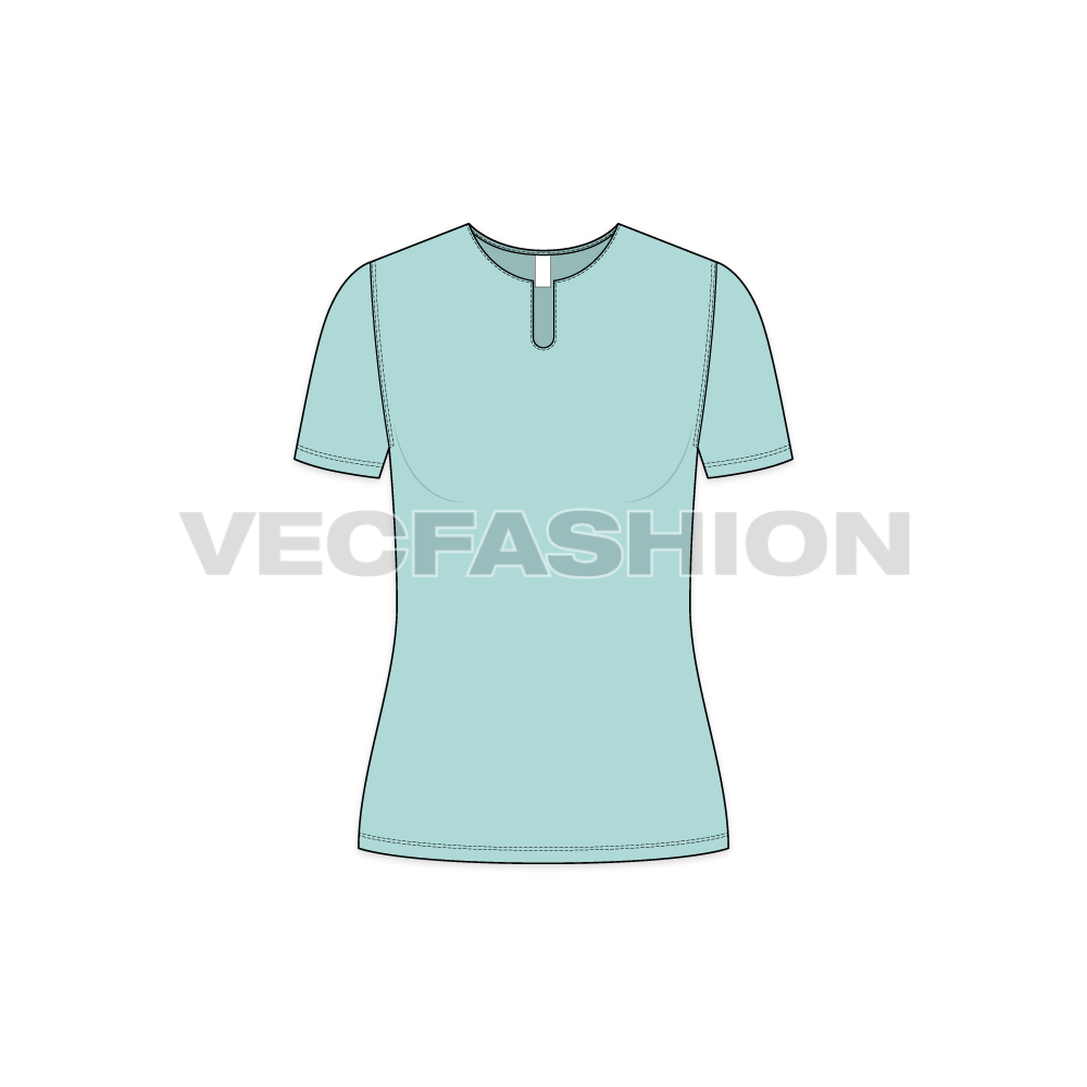 Womens short sleeved open neck tee flat sketch, front view