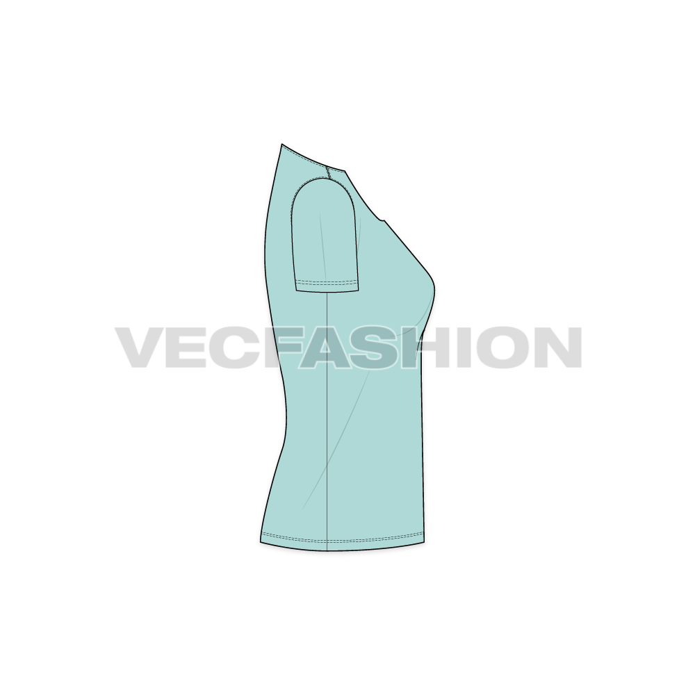 Womens short sleeved open neck tee flat sketch, side view