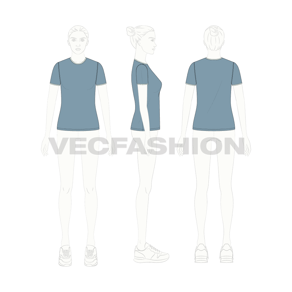 Womens short sleeved ringer tee flat sketch, croqui sketch