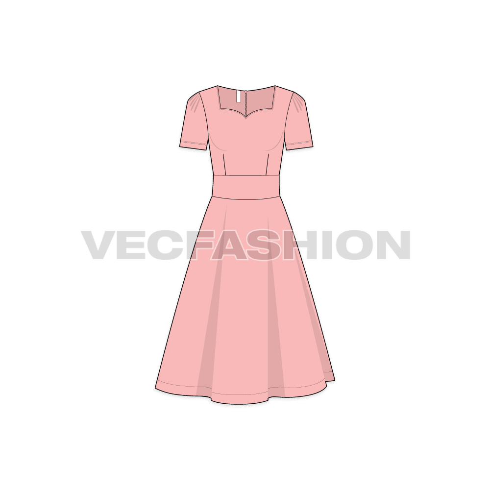A vector template for Women's Short Sleeved Swing Dress. It has a princess neckline with flared out skirt attached with a sewn-in belt at the waist. 