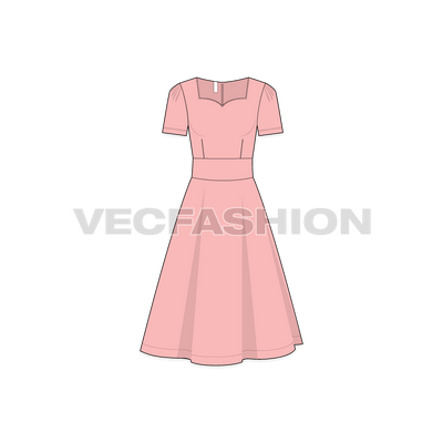 A vector template for Women's Short Sleeved Swing Dress. It has a princess neckline with flared out skirt attached with a sewn-in belt at the waist. 