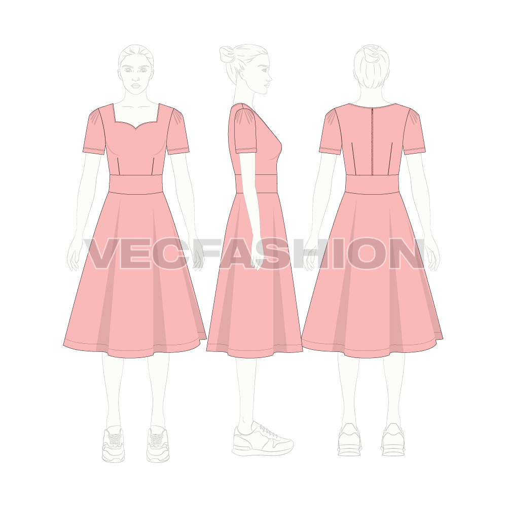 Womens short sleeved swing dress flat sketch, croqui sketch