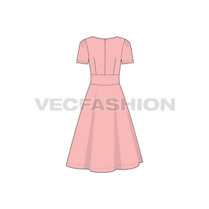 A vector template for Women's Short Sleeved Swing Dress. It has a princess neckline with flared out skirt attached with a sewn-in belt at the waist. 