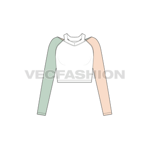 A vector template for Women's Shoulder Cutout Pullover. It has a crop body with multi colored sleeves different on each side. The collar is v shaped leaving the empty space on the shoulder. 