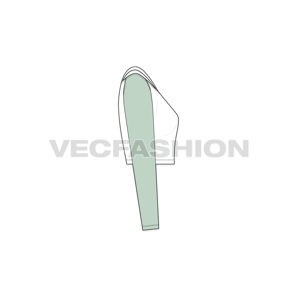 A vector template for Women's Shoulder Cutout Pullover. It has a crop body with multi colored sleeves different on each side. The collar is v shaped leaving the empty space on the shoulder. 
