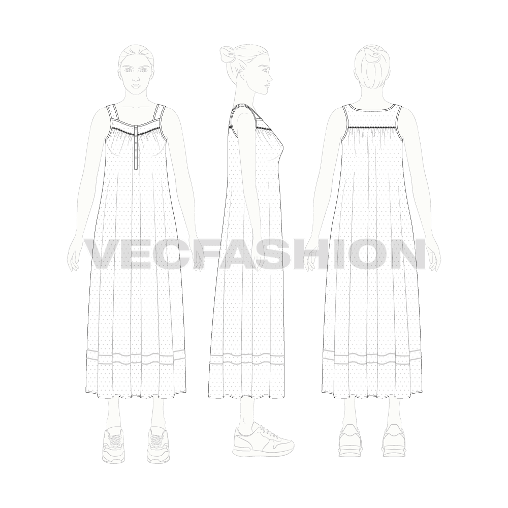 Womens sleep wear dress flat sketch, on croqui