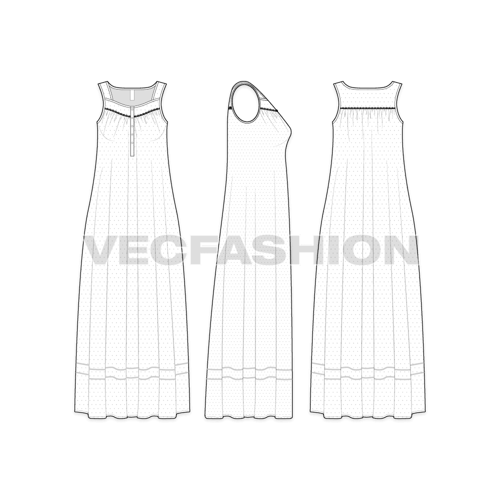 Womens sleep wear dress flat sketch, showing all views, front, side and back