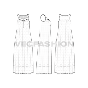 A vector fashion template sketch for Women's Sleep Wear Dress. It is a full length pullover dress with thick shoulder straps. The neckline is slightly v-shaped with buttons on it. 