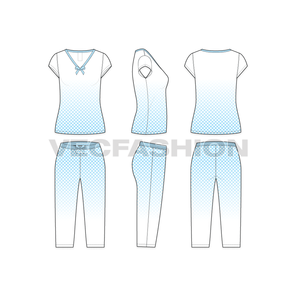 Womens sleepwear pajama set, polka dot flat sketch, showing all views, front, side and back