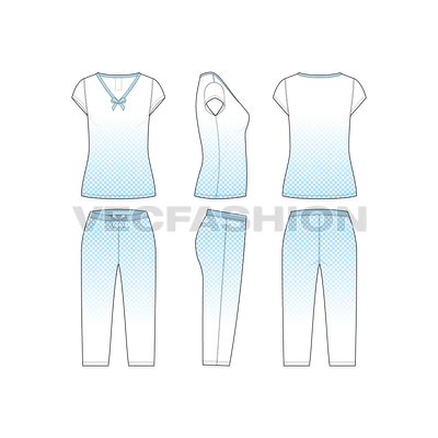 A vector template of Women's Sleepwear Pajama Set. This Pajama Set has a Big V Neck Top with Solid Color Crop Length Pajama. This set is designed using a Polka Dot Repeat Pattern and a Bow.