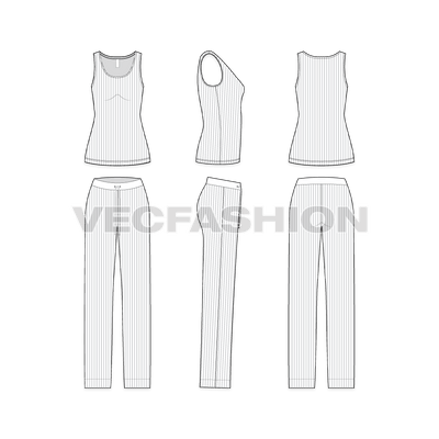 A vector fashion template sketch for Women's Sleepwear Pajama Suit. It is a simple style with two pieces clothing set for sleeping. It has a lose fit tank top with full length lose fit pajamas. 