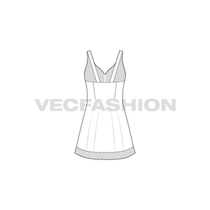 A vector template sketch for Women's Sleepwear Short Dress. It has a very interesting neckline with repeat print. The body cut is lose fit at the bottom flared out with spaghetti straps at the back.