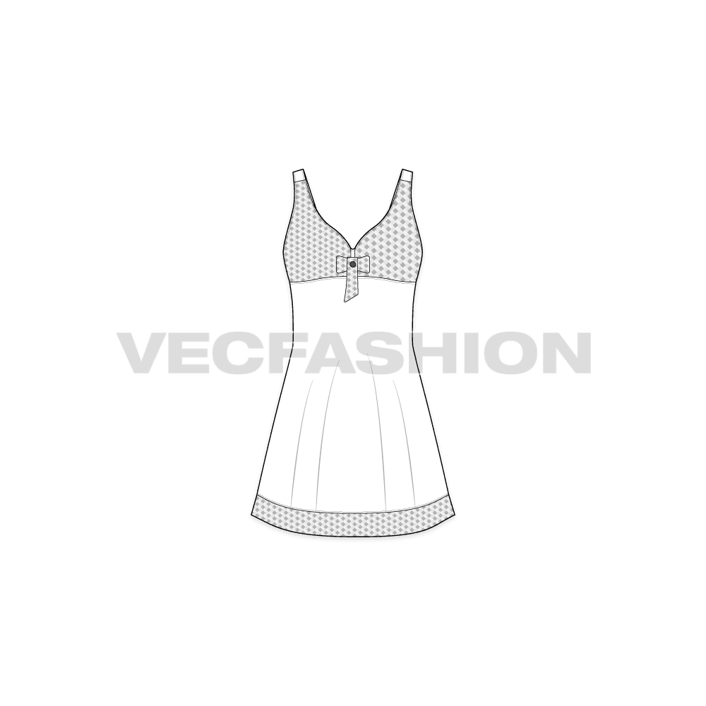 A vector template sketch for Women's Sleepwear Short Dress. It has a very interesting neckline with repeat print. The body cut is lose fit at the bottom flared out with spaghetti straps at the back.