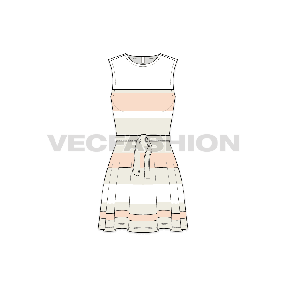 Womens sleeveless dress, striped beach flat sketch, front view