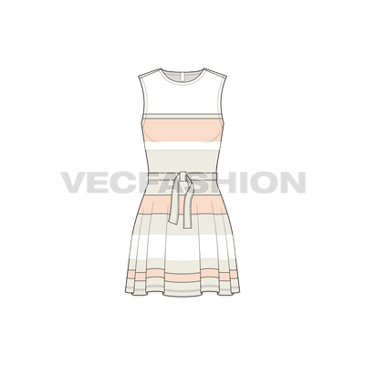 A vector template for Women's Sleeveless Dress. It is a multi colored striped beach dress with a functional tie tape around the waist.