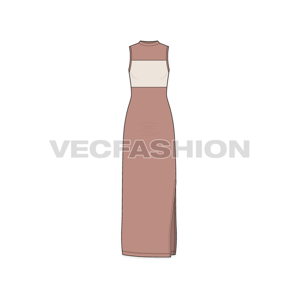 Womens sleeveless dress, full length slit flat sketch, front view