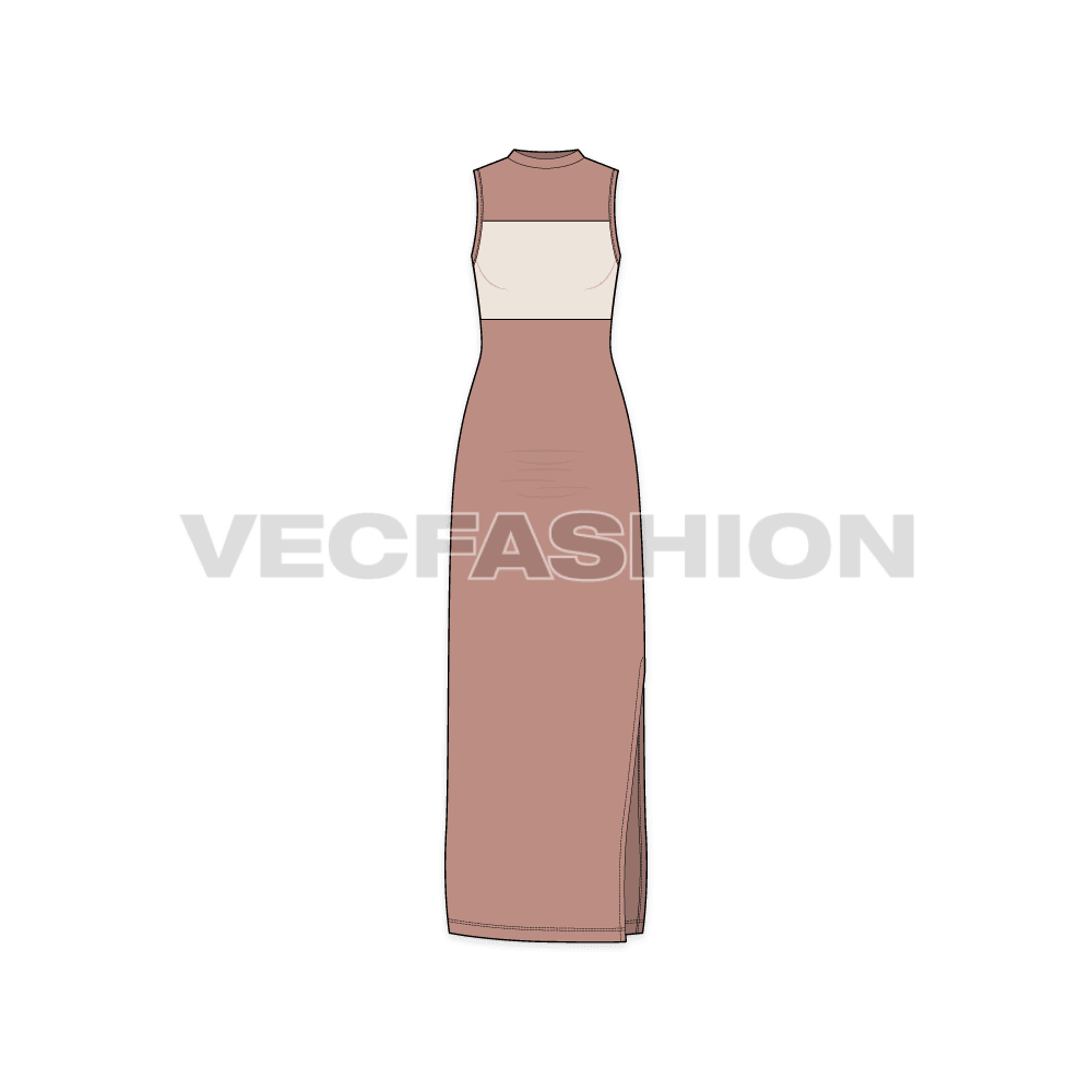 A vector fashion flat sketch for Women's Sleeveless Dress. It is a full length dress with a slit opening on the side. It has a straight panel on the top bodice in a bit lighter tone.
