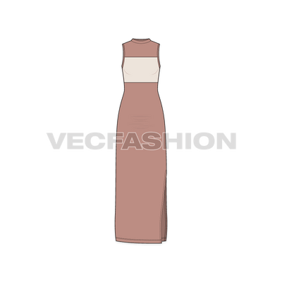 A vector fashion flat sketch for Women's Sleeveless Dress. It is a full length dress with a slit opening on the side. It has a straight panel on the top bodice in a bit lighter tone.