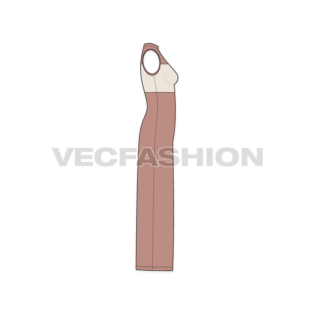 Womens sleeveless dress, full length slit flat sketch, side view