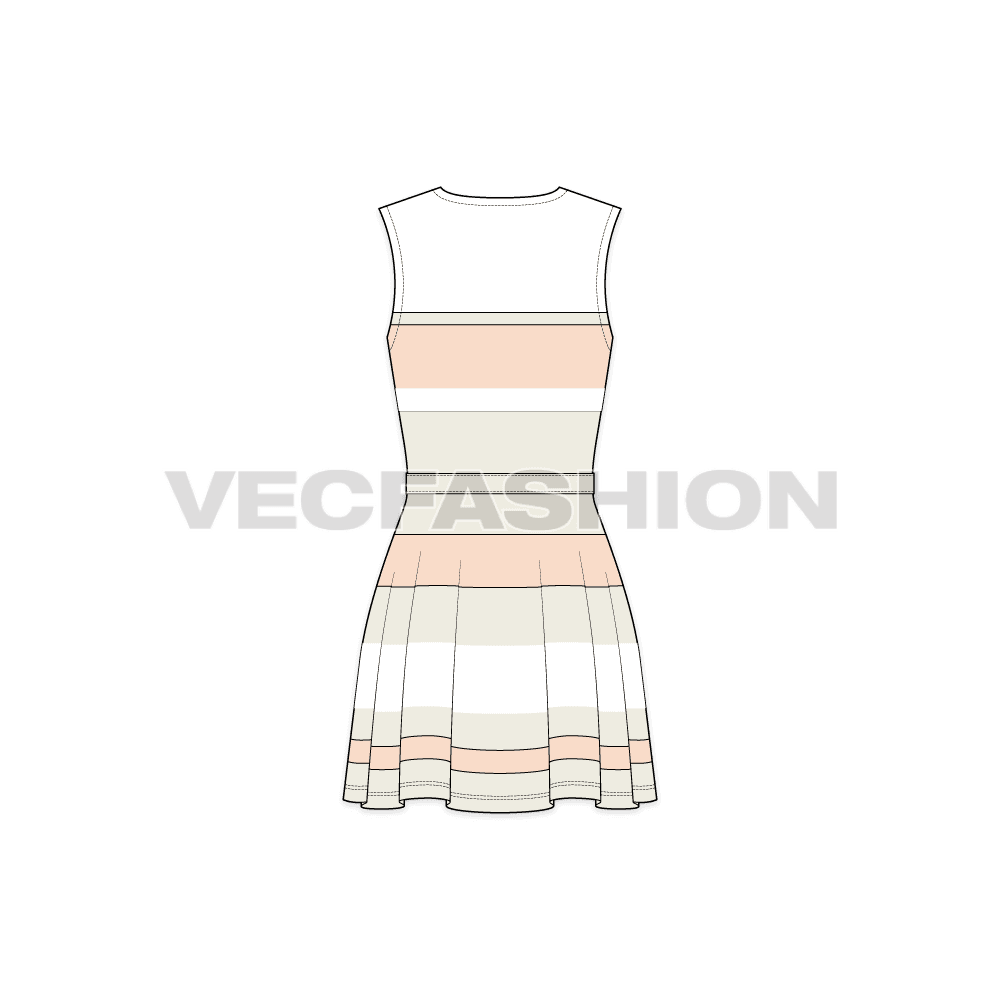 Womens sleeveless dress, striped beach flat sketch, back view
