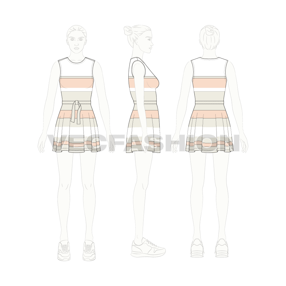 Womens sleeveless dress, striped beach flat sketch, croqui sketch