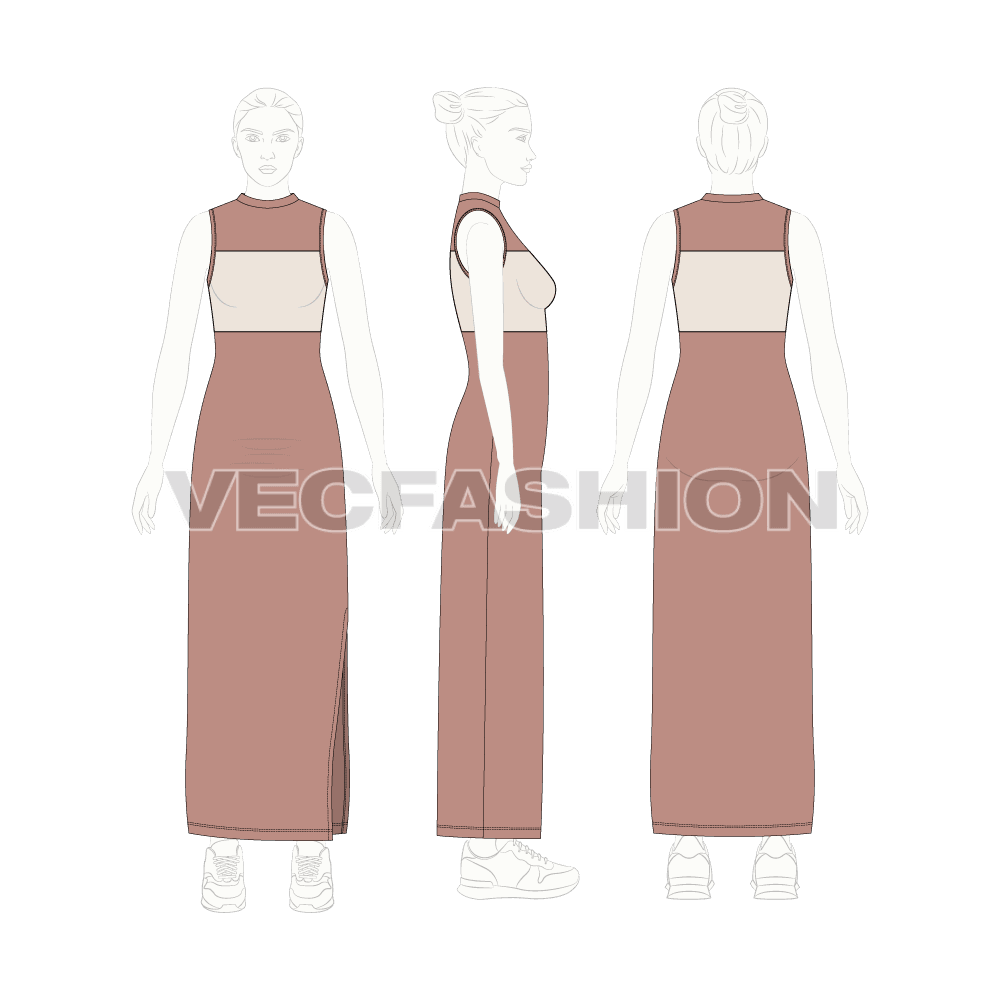 Womens sleeveless dress, full length slit flat sketch, croqui sketch