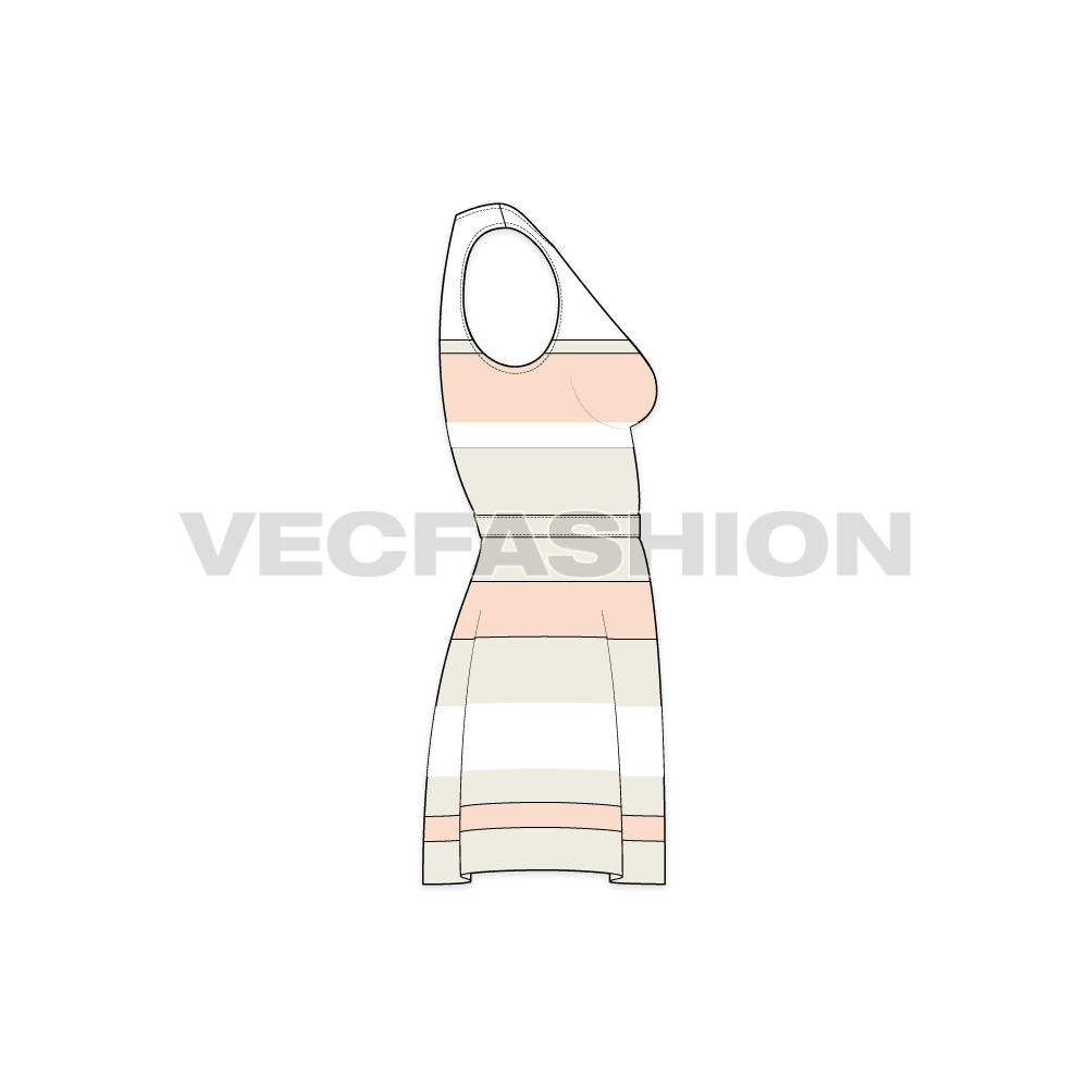 Womens sleeveless dress, striped beach flat sketch, side view