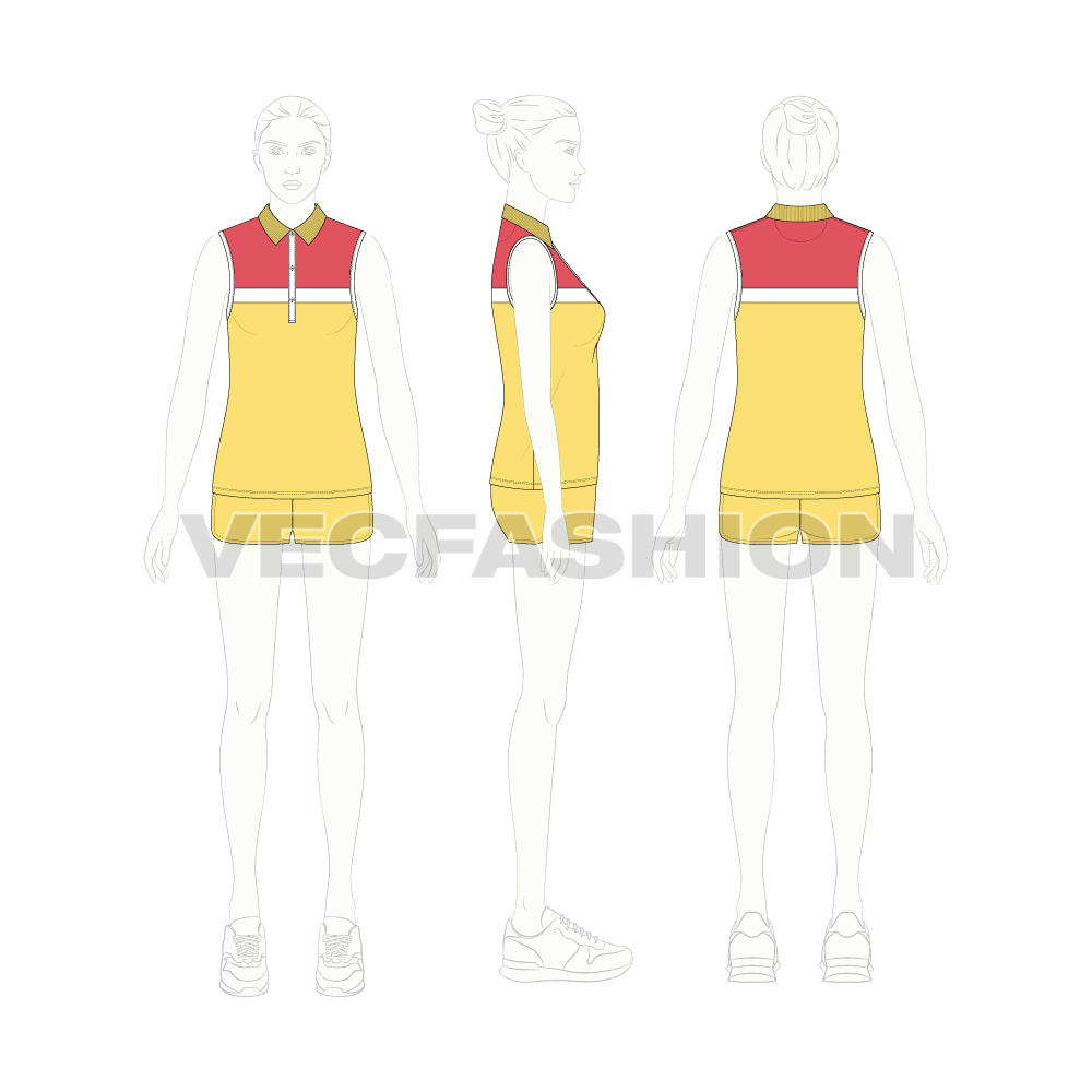 Womens sleeveless polo shirt set flat sketch, on croqui