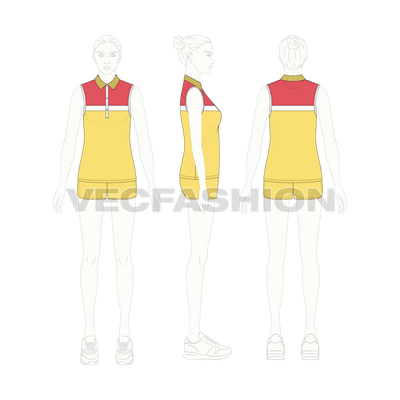 An editable vector flat sketch for Women's Sleeveless Polo Shirt Set. It has a sleeveless Polo Shirt with Shorts.