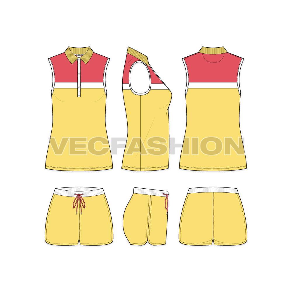 Womens sleeveless polo shirt set flat sketch, showing all views, front, side and back