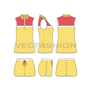 An editable vector flat sketch for Women's Sleeveless Polo Shirt Set. It has a sleeveless Polo Shirt with Shorts. 