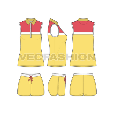 Womens sleeveless polo shirt set flat sketch, showing all views, front, side and back