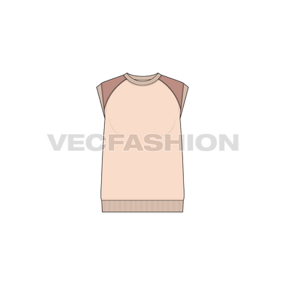 A Women's Fashion Flat of a Sleeveless Sweat Top. It has rib on neck, armholes and bottom hem. It has contrast cut 'n' sew panels on shoulders with a motivational print on side.