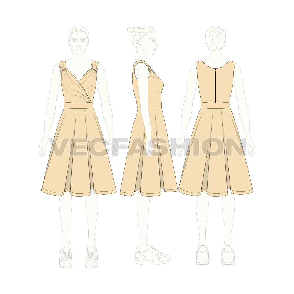 Womens sleeveless swing cocktail dress flat sketch, croqui sketch