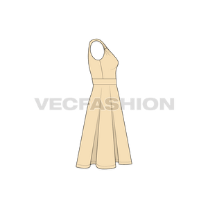 A vector template for Women's Sleeveless Swing Cocktail Dress. It is a fitted dress from the bodice with a very unique styling at the neckline.