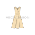 Womens sleeveless swing cocktail dress flat sketch, front view