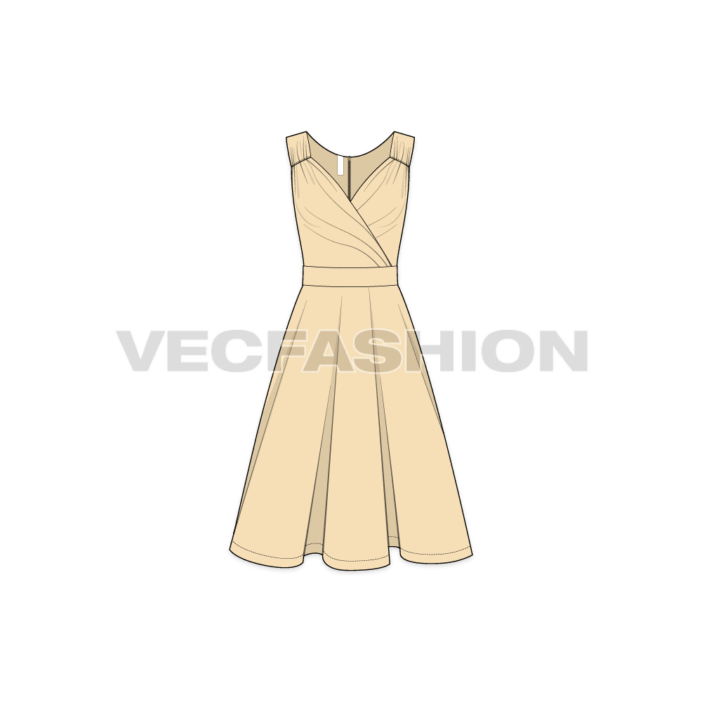 Womens sleeveless swing cocktail dress flat sketch, front view