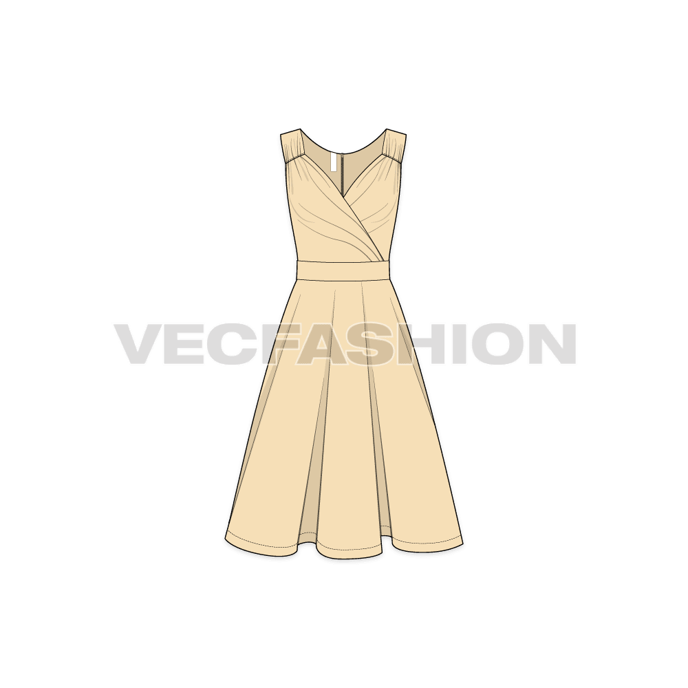 A vector template for Women's Sleeveless Swing Cocktail Dress. It is a fitted dress from the bodice with a very unique styling at the neckline.
